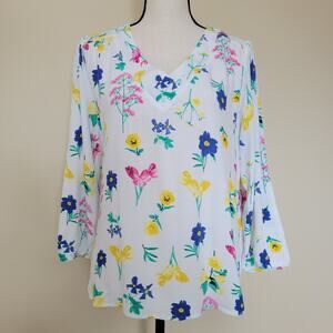 St John's Bay Size M Floral Pullover Peasant V-Neck 3/4 Sleeve Blouse Top